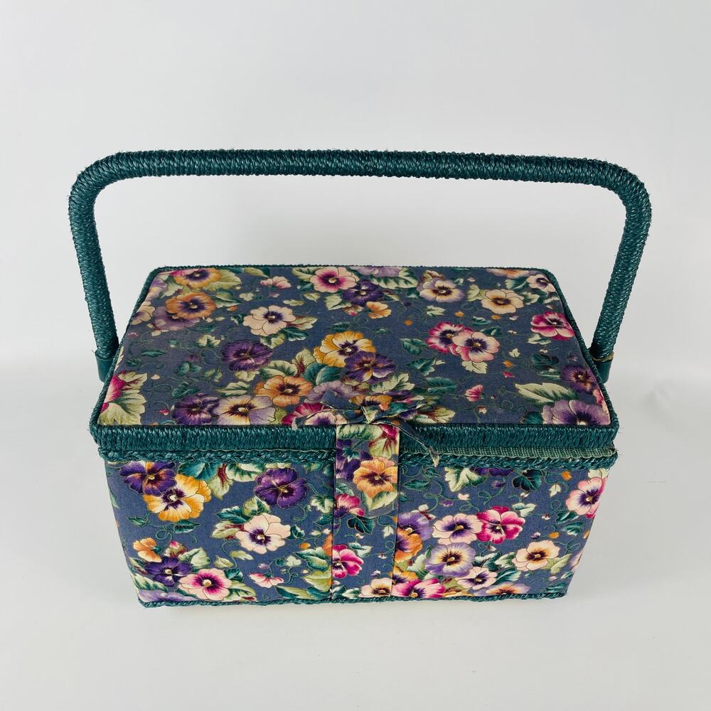 Vintage Style Hobby Sewing Box Blue with Pansy Print Green Trim with Pin Cushion - Picture 8 of 8
